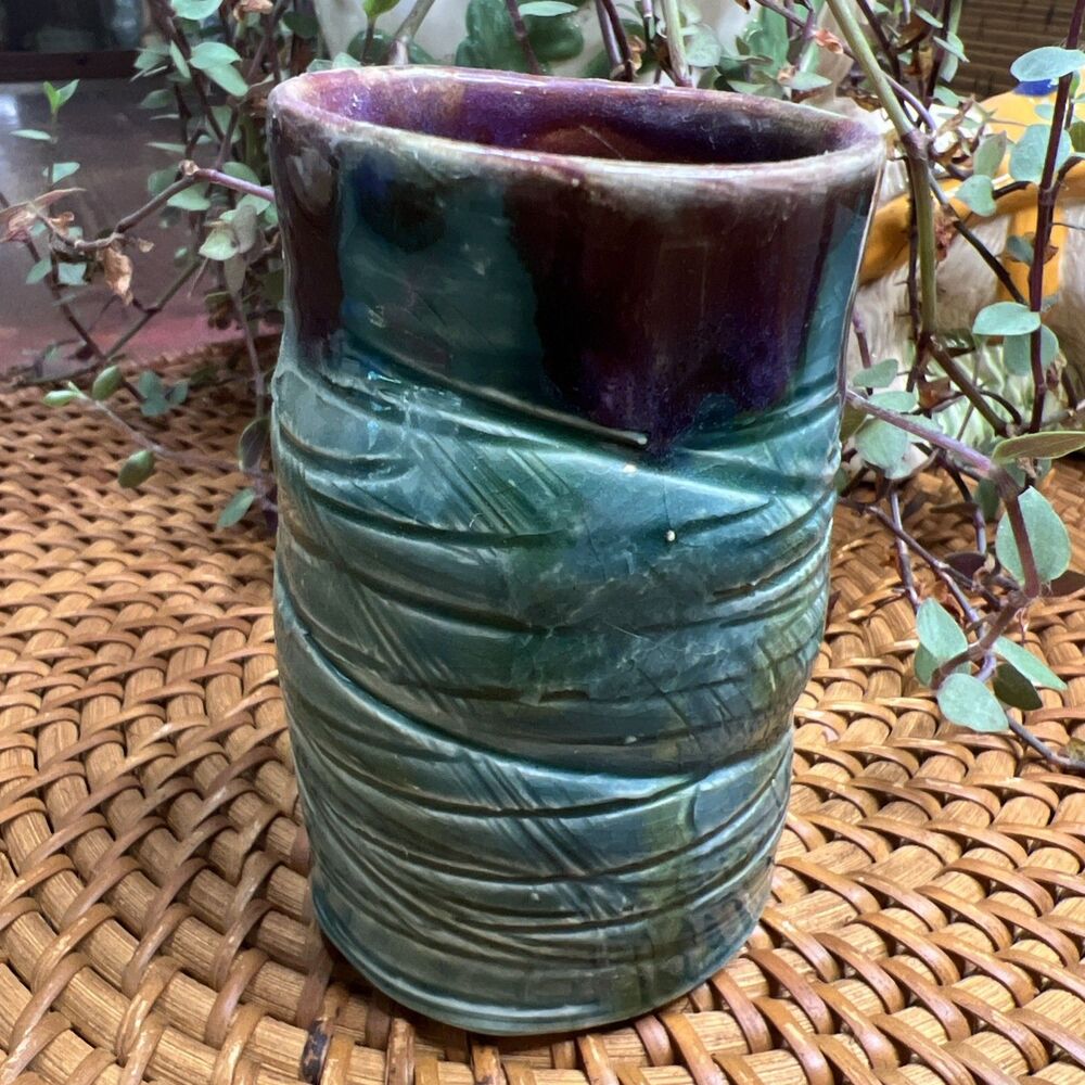 Handcrafted Abstract Terracotta Vase. Maroon, Green, Glossed